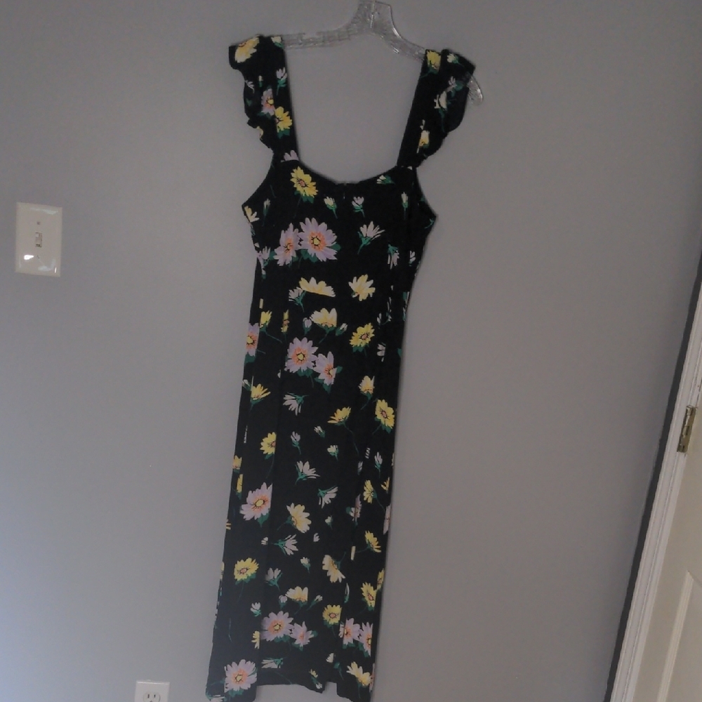 EUC✨LOFT black sleeveless midi dress with ruffled straps & yellow flowers - Picture 11 of 17